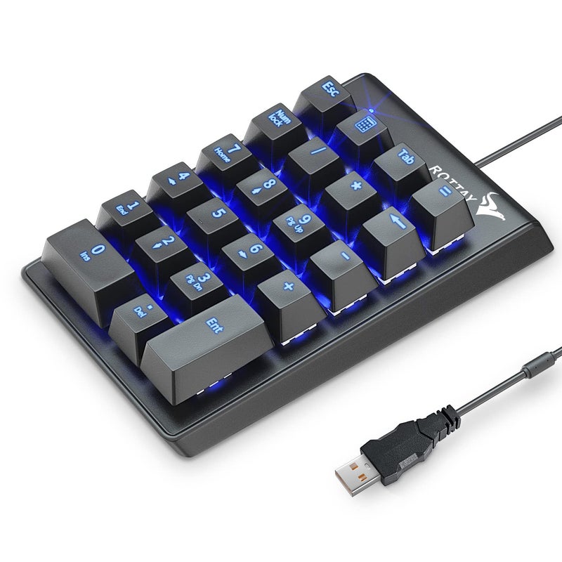 Rottay Number Pad, Mechanical USB Wired Numeric Keypad with Blue LED Backlit 22 Key Numpad for Laptop Desktop Computer PC Black (Blue switches) - Image 1